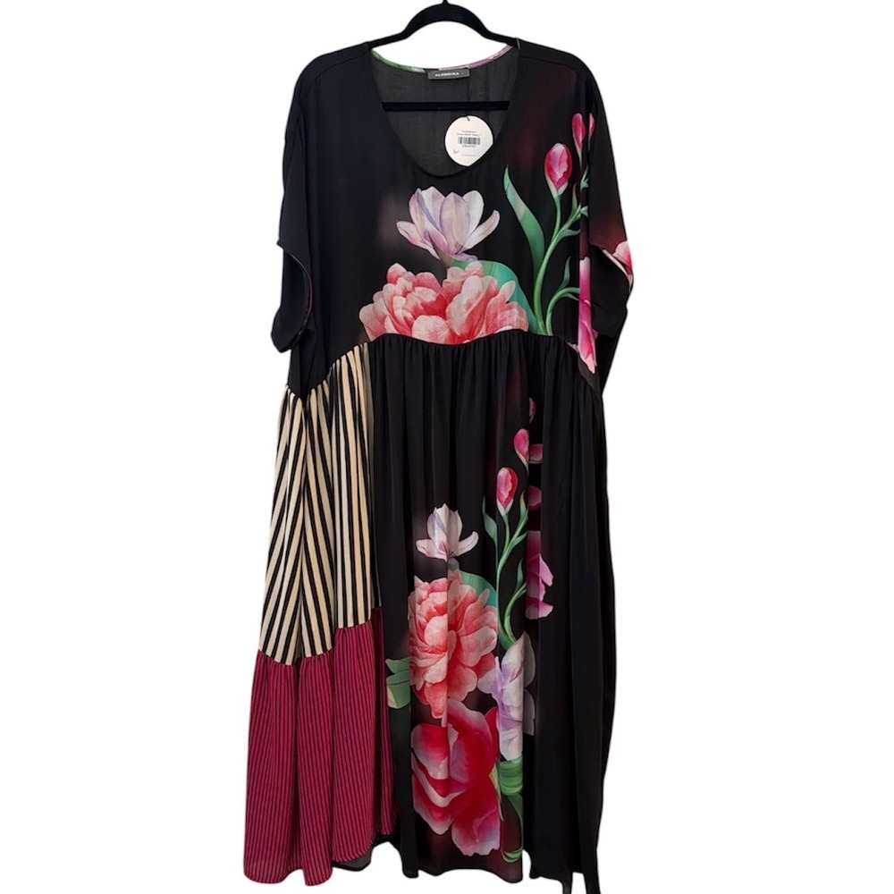 Alembika Peony Floral Striped‎ Mixed Media Maxi Dress Black Pink Size 7 Plus NEW